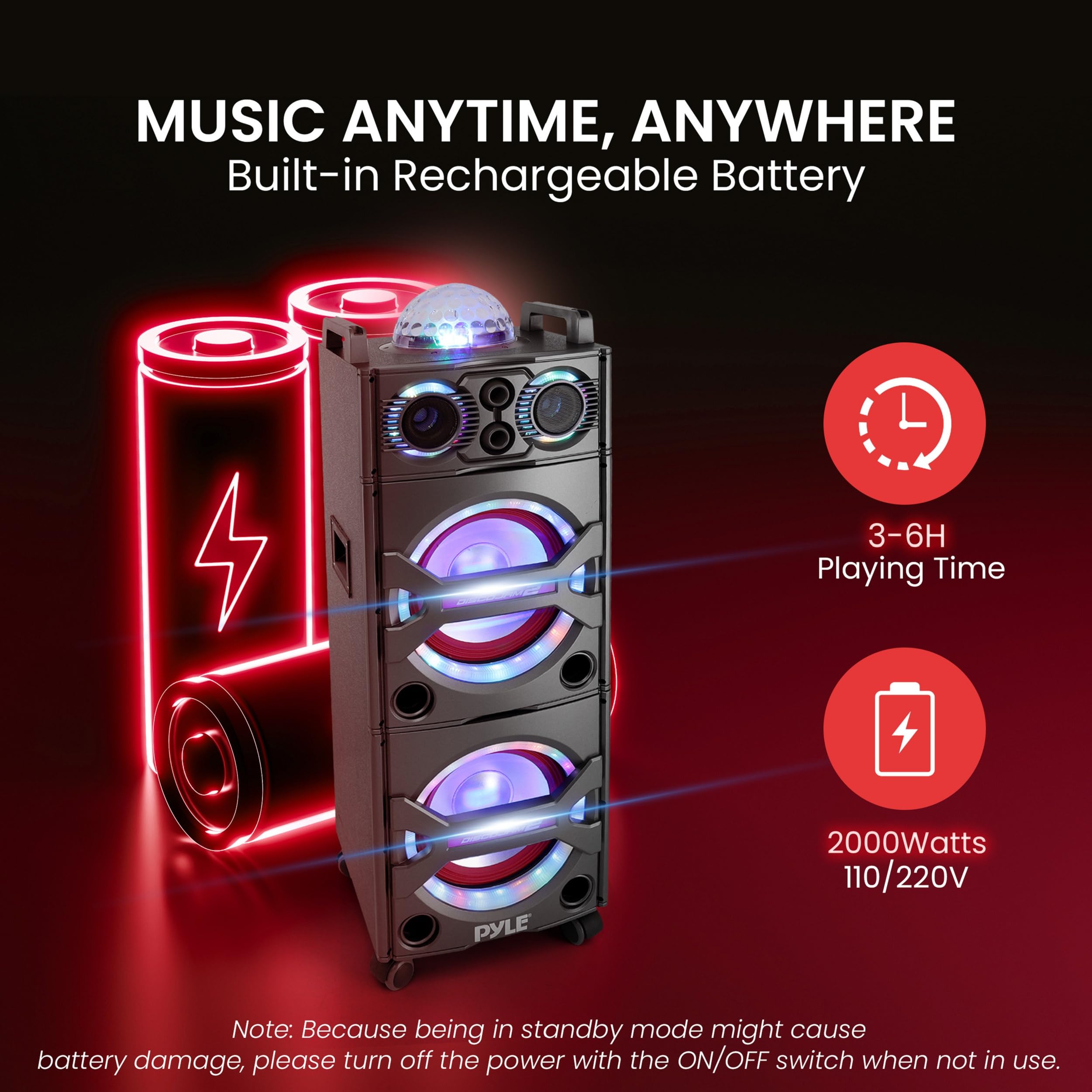 Pyle Portable Bluetooth PA Speaker System - 2000W Active powered Outdoor Bluetooth Speaker Portable PA System w/ Microphone In,
